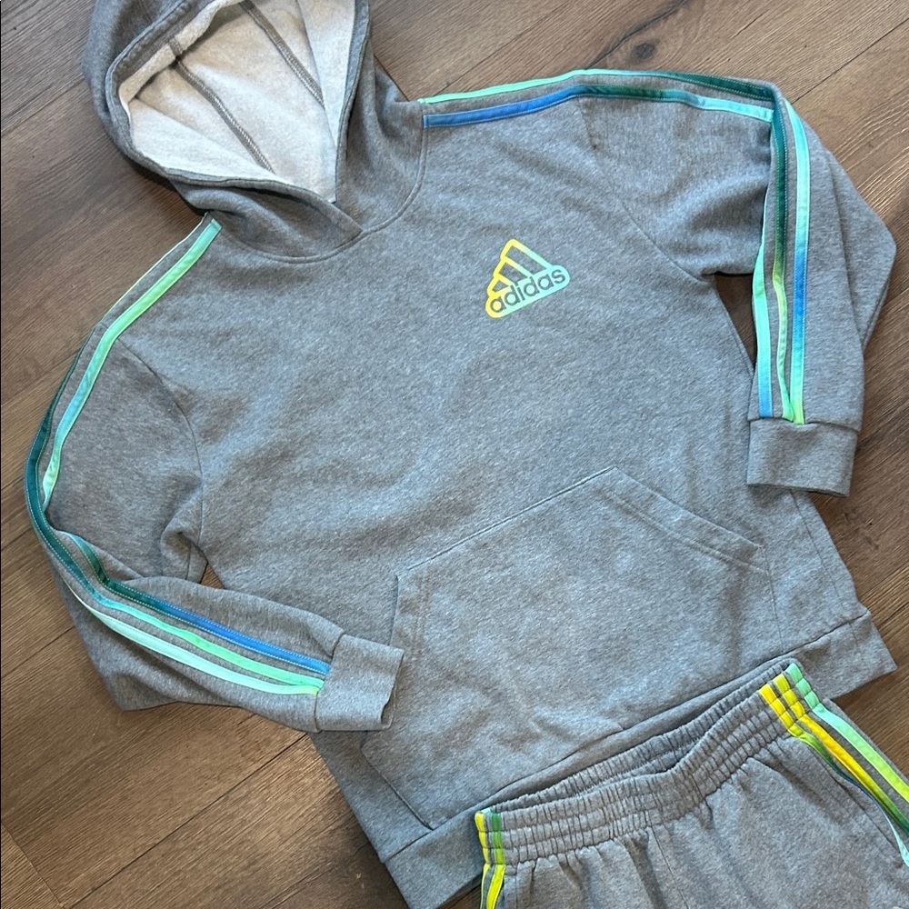 adidas Gray Hoodie and Joggers Set with Teal and Yellow Stripes !! Size large - Picture 7 of 9